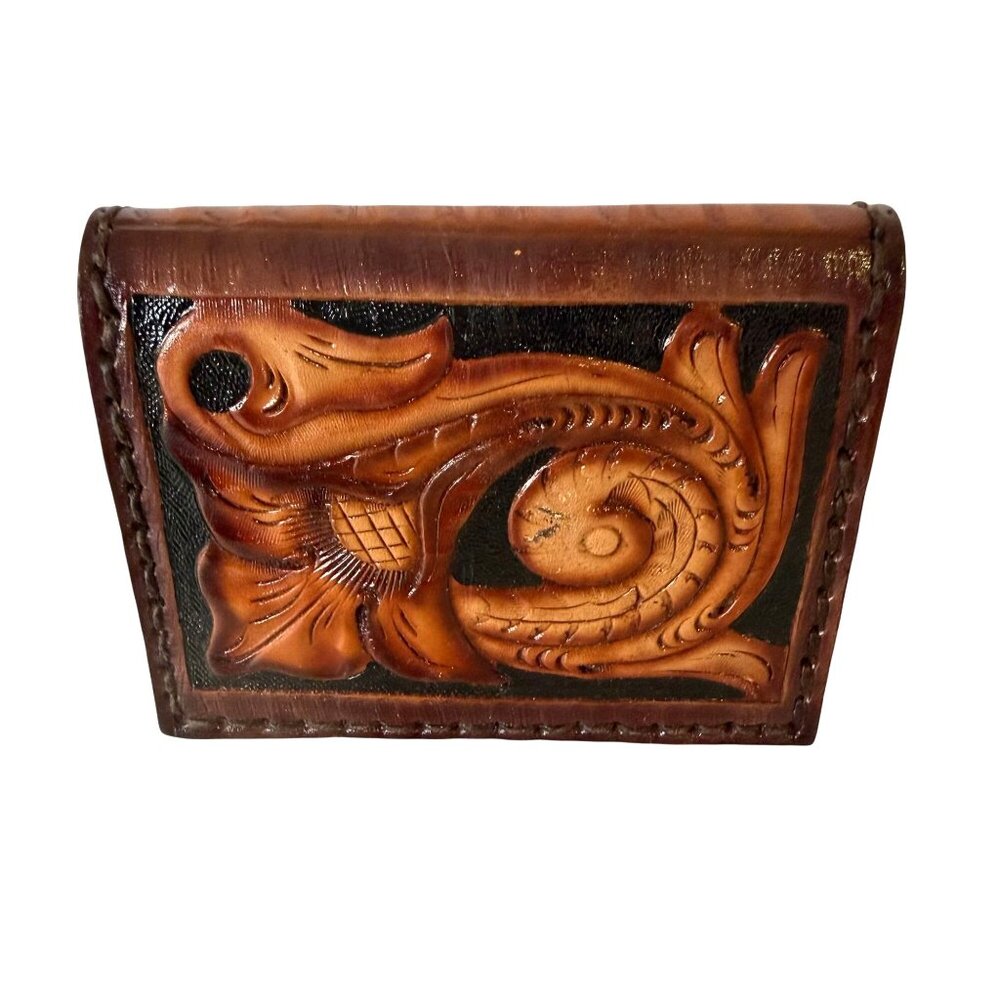 Hand Tooled Leather Wallet Brown Crafted 4"x3" Unique Gift - Picture 2 of 7